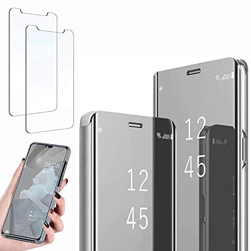Ttianfa Case for Iphone XS cover Mirror Flip Case,Screen protection film Protective 360 Function Stand Shockproof Platin Clear View PU TPU Case flip mirror Compatible for Iphone XS,Silver