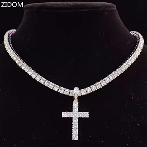 zxcs Männer Frauen Hip Hop Kreuz Anhänger Halskette mit 4mm Zirkon Tennis Kette Euro Out Bling Halsketten Hiphop Schmuck Mode Geschenk-Silver Tennis Chain,18inch(45cm)
