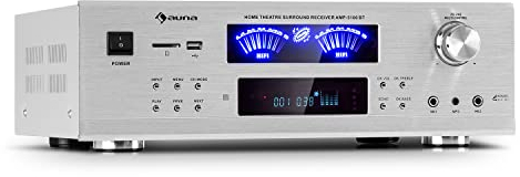 auna AMP 5100 BT 5.1 - Amplificador, 2 x 120 W + 3 x 50 W RMS, Bluetooth, Puerto USB, Ranura SD, 2 Conectores de micrófono, Entrada AUX, 2 vúmetros, Plateado
