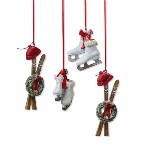 Loberon Anhänger 4er Set Papeta, Zwei Winter-Designs, Detailreich & Stimmungsvoll, von Hand Bemalt, Weihnachten, Christbaumschmuck, Polyresin, Polyester, Glitzer,