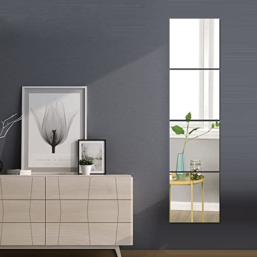 Full Length Floor Wall-Mounted Mirrors, 4pcs 12x12 Acrylic Plexiglass Body Frameless Wardrobe Door Large Long Home Workout Gym Mirror Dorm Tile Self Adhesive