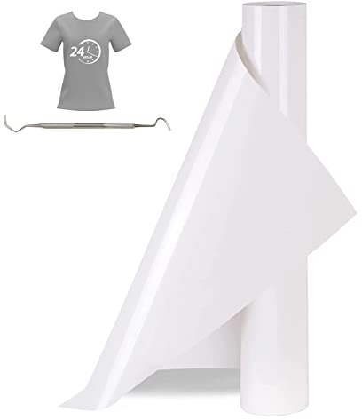 Bocguy Rouleau Vinyle Thermocollant Blanc pour Tissus 30,5 CM X 377 CM avec Outil Désherber, Flex Thermocollant pour Tissus, Cricut et Découpe Silhouette (Blanc)