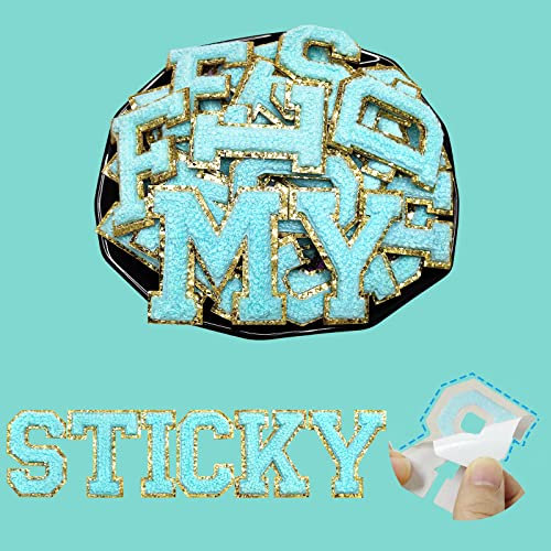 Yhsheen 26pcs Self-Adhesive Embroidered Gold Glitter Letter Patches Chenille Letter Repair Iron on Patches Appliques for Fabric, Clothes, Bags Craft Supplies(Bondi Blue)