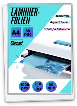 1.000 PREMIUM Qualitäts Heiß-Laminierfolien A4 (216 x 303 mm) in 2x 80 MIC, OHNE WASSERZEICHEN - Für Dokumente, Fotos oder Karten – Wasserfest, unzerreißbar in Glänzend