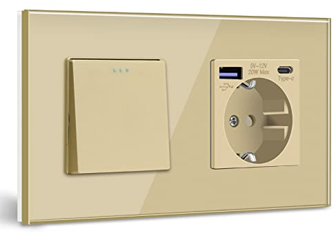 BSEED Lichtschalter mit Steckdose Schuko Unterputz Steckdose mit USB C 20W Schnellladegerät USB Type C 1 Fach 1 Weg Taste Schalter mit Glas Rahmen Wandsteckdose Geeignet für Phone, Pad-Golden