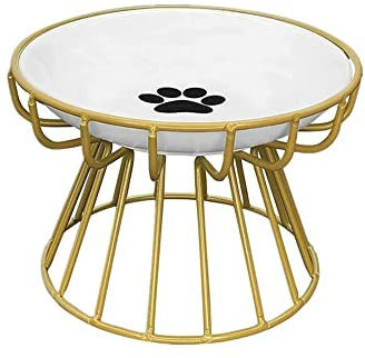 Raised Ceramic Cat Bowl with Metal Stand 2023 New Anti-Vomit Cat Plate Elevated Bowl for Food Water Whisker Friendly Shallow Ceramic Dish for Cat Small Dogs (Gold Rack,Paw Plate)