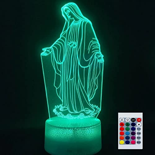 SUPERHONGJIHAO Jungfrau Maria 3D Nachtlicht Kinder Nachttischlampe 16 Farben ändern mit Fernbedienung für Kind