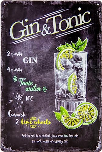 LUCKYLINDE – 30 x 20 cm Blechschild – Bar, Restaurant, Pub, Partykellder Deko Schild, Cocktail Übersicht Tafel - Gin Tonic (schwarz)