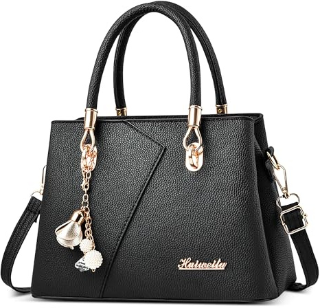 DORRISO Mode Handtasche Damen Elegant Tote Tasche mit Schickem Blumenanhänger Henkeltasche für Einkaufen Reise Urlaub Business Nachmittagstee PU Leder Damen Kuriertaschen Schwarz