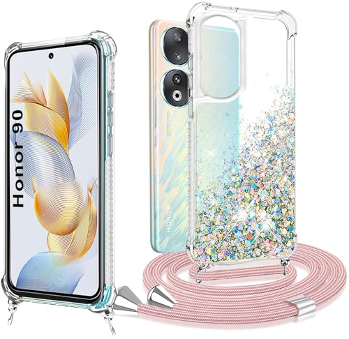 XCYYOO Coque Honor 90 avec Cordon Housse Honor 90 Coque Sangle Dragonne Transparent Silicone Etui Sables Mouvants Bling Collier Lanyard Réglable Téléphone Portable Honor 90 Case