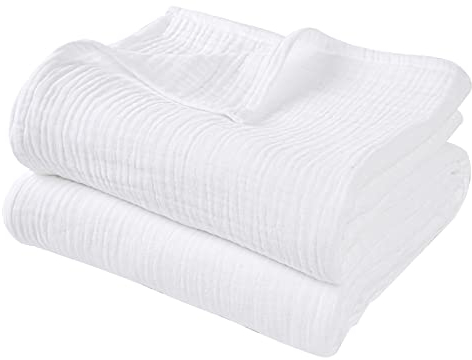 PHF 100% Baumwolle Musselin Decke 220x240cm, 4-lagige weiche hautfreundliche & atmungsaktive Tagesdecke, Ganzjahres-Komfort White Sofaüberwurf Couchdecke für Bett Sofa, Weiß