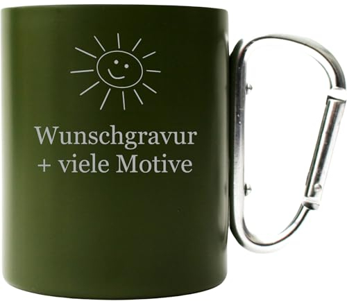 Geschenkissimo Edelstahl Tasse Grün mit Karabiner 250 ml mit Gravur, Name, Spruch, Motiv - Outdoor Tasse, Becher für Camper, Förster, Forstwirt, Baumpfleger, Geschenke