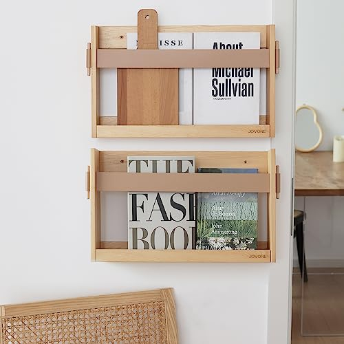 MOIUCUN Zeitschriften Wandhalter mit PU Lederriemen,Holz Zeitschriftenständer, Wandorganizer für Eingangsbereich, Büro, Wohnzimmer, Wartezimmer, Größe 44 x 27 x 9 cm,2er Pack (Holzfarbe)