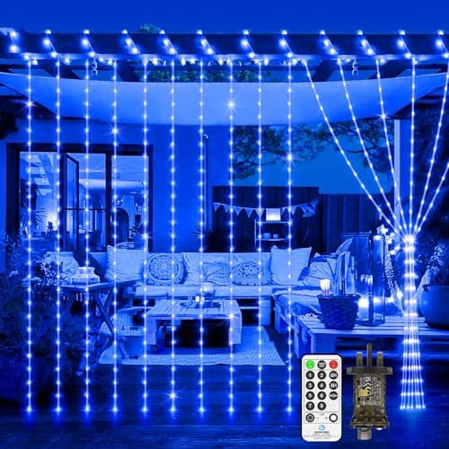 JXLEDAYY 300 LED Curtain Fairy Lights Outdoor Waterproof 3M*3M String Lights Plug in with Remote Timer 8 Modes Window Lights for Garden Patio Gazebo Wedding Party Indoor Bedroom Decoration-Blue