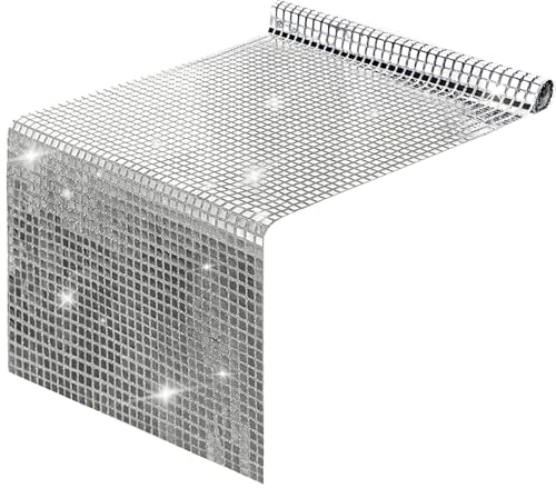 Disco Party Tischläufer Silber Pailletten Tischläufer, Disco Party Deko Tischdecke Silber, Glitter Paillette Tischläufer Tischdekoration für Retro 70er 80er Jahre Disco Party Dekorationen (30x275cm)