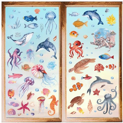 craspire 8 Stile Meerestiere Fensteraufkleber Ozean Wal Schildkröte Seepferdchen Fensteraufkleber PVC Wasserdicht Selbstklebend Wandaufkleber Abziehen Und Aufkleben Für Heimdekoration Wohnzimmer