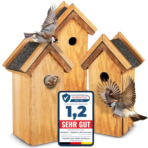 3 Stück Oramics Nistkasten Vogelhaus mit echtem Bitumen Dach zum Aufhängen – Kiefernholz Vogelhäuschen für Wild- und Gartenvögel – wetterfestes und langlebiges Nisthaus, ideal für Meisen
