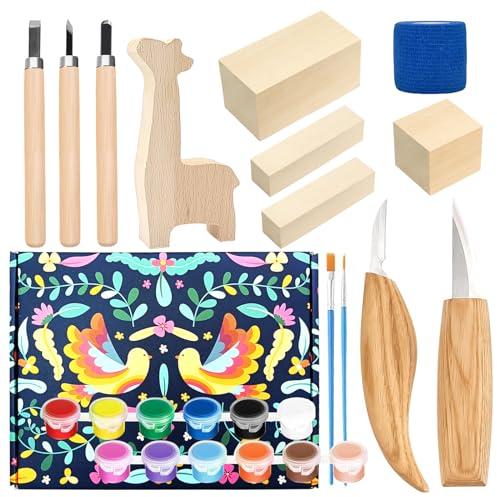 22 in 1 Wood Carving Kit,Wood Whittling Kit for Beginners,Wood Carving Tools with Whittling Knife and Carving Knives,Wood Carving Kit Includes 4Pcs Basswood Blocks Sandpapers Acrylic Paint