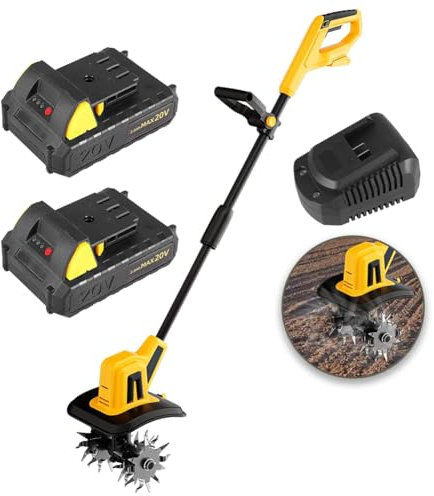 Coltivatore da Giardino Motozappa Senza Fili,Motozappa Manuale Giardinaggio, Coltivatore Elettrico 250 Giri/min. 2 X 2000mAh Alimentato Batteria,Larghezza di Lavoro 22cm,Profondità Lavorazione 16cm
