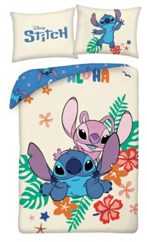 Halantex Bettwäsche-Set Stich und Angel – von Lilo und Stitch – wendbarer Bettbezug 140 x 200 cm und Kissenbezug 70 x 90 cm – Mehrfarbig – 100 % Baumwolle
