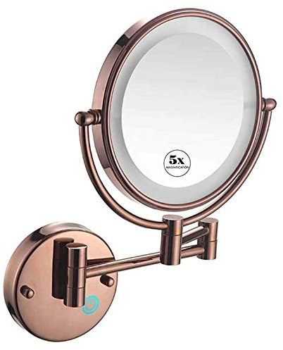 Makeup Mirror Wall Mount with 5X Magnification, Round Makeup Mirror 360 Rotation Double-Sided Makeup Mirror, USB Rechargeable (Color : Antique Copper)