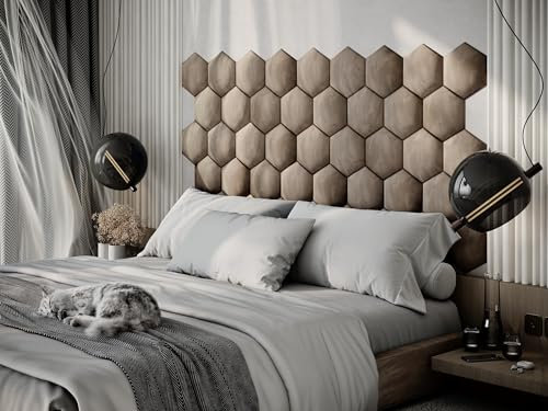 ua acoustics Upholstered Decorative Wall Panels Velvet Headboard Padding | Cushioned Planks | Padded Decor Collision Avoidance | Acoustic Soundproofing Treatment | (Beige, 4x Hexagon (25x25cm))