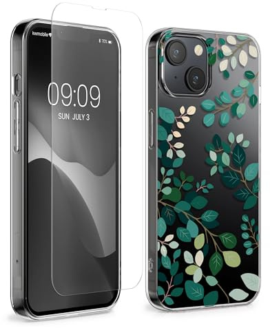 kwmobile Clear Case and Screen Protector Compatible with Apple iPhone 13 / iPhone 14 Case - Spring Leaves Green/Transparent