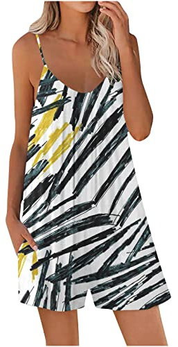 Womens Jumpsuit Summer Short Dungarees Casual Sleeveless Playsuit Printed Romper Shoulder Strap Wide Leg Short One-Piece Overall Jumpsuits with Pockets Warehouse Clearance