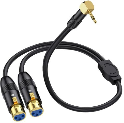 HTGuoji XLR to 3.5mm Y Splitter Cable, Right Angle 90Deg 3.5mm Mini Jack Stereo Male to 2 XLR Female Microphone Connector, 1/8 inch TRS to Dual XLR Female Cord for Laptop, Camera, Sound, DV (50 cm)