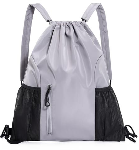 Qoosea Kordelzug-Rucksack Große Kapazität Turnbeutel, Wasserdicht Nylon Sportbeutel, Verstellbar Tunnelzug Gymsack für Damen Herren Sporttasche mit Reißverschluss-Außentasche und Netztaschen (Grau)