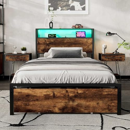 LULUWA Metal Bed with LED Light Strip and Drawer 3 USB Port Durable and Sturdy for Adults & Teenagers Multifunctional Wrought Iron Bed Black+Walnut (90 x 190cm)