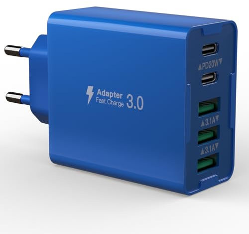 USB Ladegerät Mehrfach, 5 Ports Schnellladen, 50W PD 3.0 Power Adapter Stecker für iPhone 16 15 14 13 12 11, Samsung, Google, Handy (Blau)