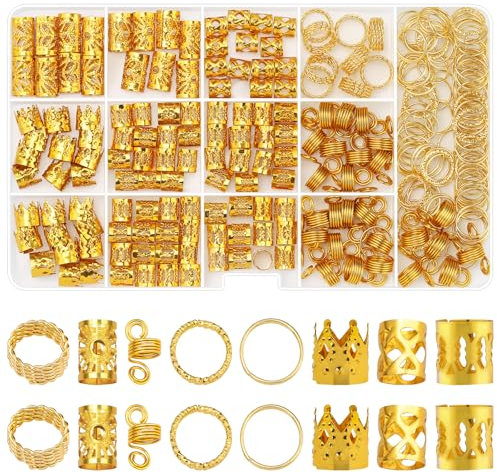 Etercycle 262 Stück Gold-Haarschmuck für Zöpfe, Loc Schmuck für Haar Dreadlock Zubehör, Manschetten-Clips Haarspiralen Clips Metall Zöpfe für Männer Frauen (Gold)