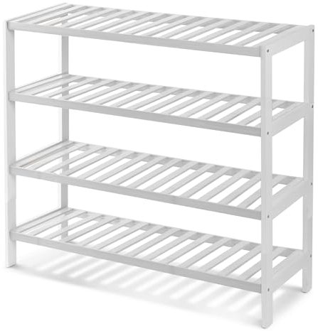KEPLIN 4 Tier Natural Bamboo Shoe Rack Easy Assembly & Strong Design Stand Shelf Organiser Ideal for Corridor,Bedroom,Bathroom,Hallway & Small Spaces Large Capacity (4 Tier, White/White)