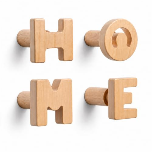TRESCOLI Perchero de Pared Decorativo HOME con 4 Ganchos de Pared en Madera de Arce Macizo, Colgadores Independientes para Abrigos, Chaquetas y Bolsos
