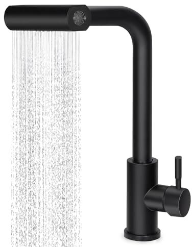 Virklyee Robinet cascade de cuisine extensible Mitigeur Cuisine Rotatif à 360° Robinet de Cuisine avec Pulvérisateur Extractible,4 Modes de Jet,Froid & Chaud Disponible (Noir)