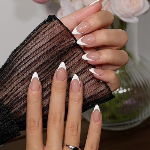 KQueenest White French Tip Press on Nails Almond Medium, Almond False Nails with Glue, Natural Nude Pink Fake Nails Press ons Stiletto, Reusable Gel Stick on Nail for Women Wedding, 30 Pcs