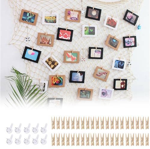 Jimkply Fischernetz Foto Wand Set, Hängende Foto Collage, 2x1m Naturhanf Netz mit 40 Holzklammern, Hanfseil Foto Wand Für Boho-Stil Wanddekoration und Foto Collage, hne Bohren Aufzuhängen