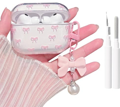 MINSCOSE für AirPods Pro 3.Generation Case (2025) mit Reinigungsset, niedliches Schleifenmuster, hübsches Band, ästhetisches Design mit Schleifenperlen-Schlüsselanhänger für AirPods Pro 3–Rosa