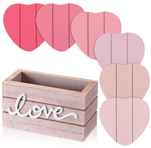 Patelai Wooden Heart Coasters for Drinks Set of 6 Funny Farmhouse Coasters with Holder for Coffee Table Protection Housewarming Gifts for New Home Decoration, 4 Inch (Love,Pink)