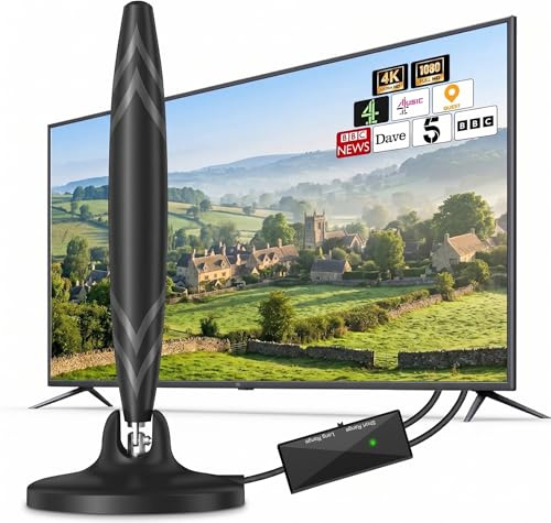 Indoor TV Aerial, 650+ Miles Range TV Aerial with Amplifier Signal Booster, Digital TV Ariels Indoor for Smart and Older TVs, 180° Rotation HDTV TV Ariel Supports 4K 1080P Local Channels