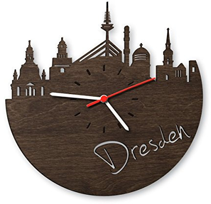 GRAVURZEILE Skyline Dresden Wanduhr aus geräuchertem Eichen-Holz - Design Uhr aus Echtholz - Originelle Wanduhr im Skyline Design- aus Naturholz Made in Germany - Farbe: geräucherte Eiche