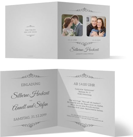 Individuelle Silberne Hochzeit Einladungskarten & Silberhochzeit Einladungen 25 Jahre - Zeitsprung Motiv, mit 2 Ihrer Fotos (früher und heute), 300g/qm Kartonpapier Klappkarten, 10 bis 100 Stück