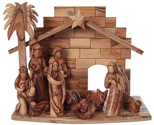 Holyart Presepe Completo in Legno d'ulivo di Betlemme Stilizzato 17 cm
