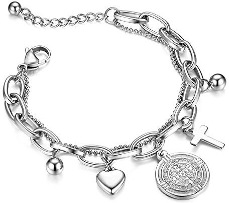 Flongo Bracelet Acier INOX Multi-Rangs Couleur Or/Argent pour Femme Fille Coeurs/Croix/Saint Benoît Chaîne de Main Réglable Religieux Fantasie Cadeaux Amitié Anniversaire Saint Valentin