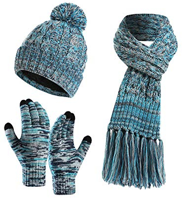 YOUNGSOUL Mütze Schal Handschuhe Set Damen Wintermütze mit Fleecefutter Warme Beanie Touchscreen Handschuhe und Strickschal mit Fransen Blau
