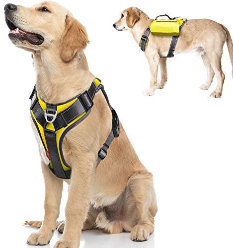 Fida Hundegeschirr, multifunktional, kein Ziehen, Haustierweste mit Satteltaschen, Rucksack, Leine vorne, verstellbar, weich gepolstert, reflektierend, für große Hunde, L, Gelb