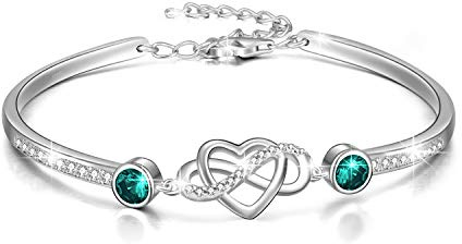 AOBOCO Bracelet Infini Argent Sterling Coeur d'Amour Bracelet Réglables avec Cristaux Bleus, Bijoux Cadeau Anniversaire pour Femme Maman