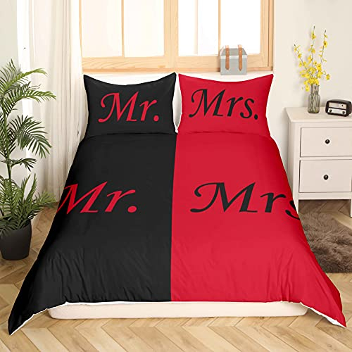 Schwarz Rot Mr und Mrs Bettwäsche 135x200cm Liebhaber Paar Bettwäsche Leichte Mikrofaser Bettbezug für Frauen Männer Ehemann und Ehefrau Schlafzimmer Dekor Bettwäsche Set mit Reißverschluss