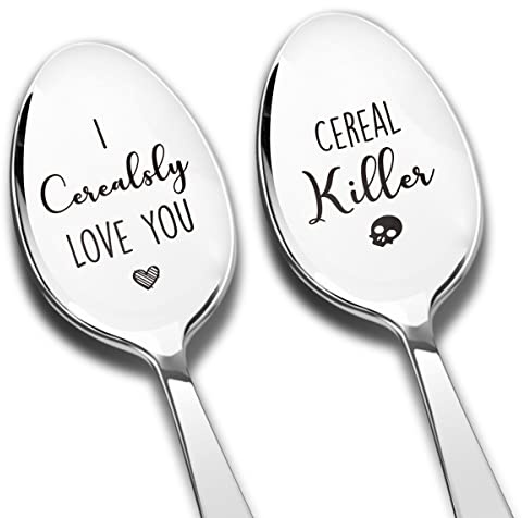2 Pack Cereal Killer and I Cerealsly Love You Spoon Set Engraved Stainless Steel, Funny Cereal Lovers Gifts for Men Women, Best Food Gifts Idea for Birthday Thanksgiving Christmas